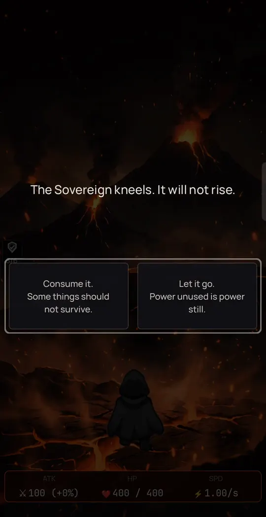 Gameplay: the Sovereign kneels, and the choice appears: Consume it, or Let it go.